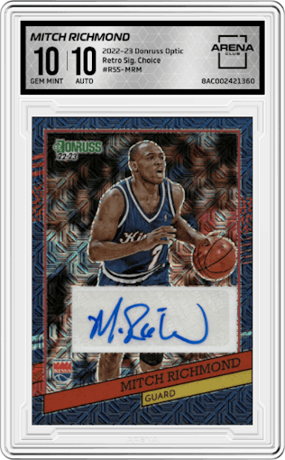 Mitch Richmond from the 2022-23 Panini Donruss Optic  set featuring a Choice parallel graded by Arena Club and given an overall grade of 10.