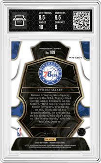Tyrese Maxey from the 2022-23 Panini Select set featuring a Red Disco parallel graded by Arena Club and given an overall grade of 9.