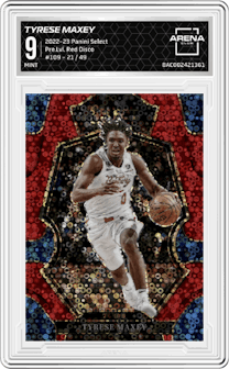 Tyrese Maxey from the 2022-23 Panini Select set featuring a Red Disco parallel graded by Arena Club and given an overall grade of 9.
