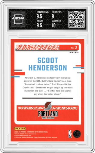 Scoot Henderson from the 2023-24 Donruss Optic set featuring a Holo Fast Break parallel graded by Arena Club and given an overall grade of 9.5.