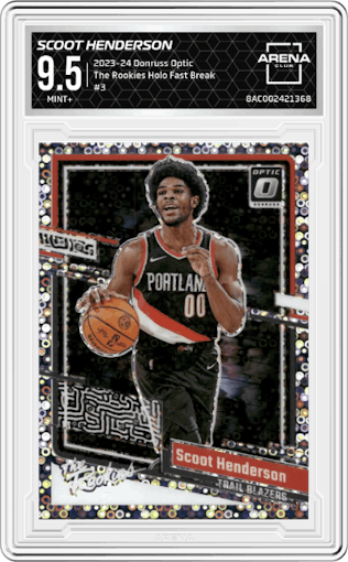 Scoot Henderson from the 2023-24 Donruss Optic set featuring a Holo Fast Break parallel graded by Arena Club and given an overall grade of 9.5.
