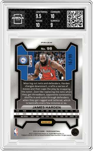 James Harden from the 2023-24 Panini Prizm set featuring a Purple Prizm parallel graded by Arena Club and given an overall grade of 9.5.