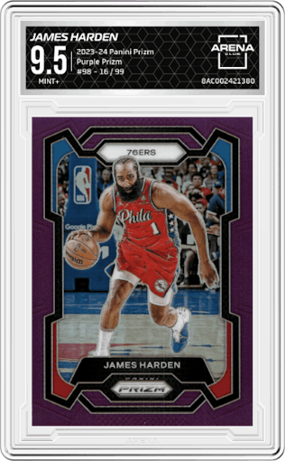 James Harden from the 2023-24 Panini Prizm set featuring a Purple Prizm parallel graded by Arena Club and given an overall grade of 9.5.