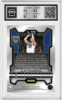 Klay Thompson from the 2023-24 Panini Prizm set featuring a  Red Power Prizm parallel graded by Arena Club and given an overall grade of 10.