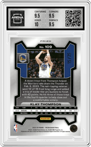 Klay Thompson from the 2023-24 Panini Prizm set featuring a  Red Power Prizm parallel graded by Arena Club and given an overall grade of 10.