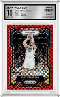 Klay Thompson from the 2023-24 Panini Prizm set featuring a  Red Power Prizm parallel graded by Arena Club and given an overall grade of 10.
