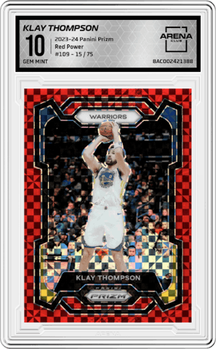 Klay Thompson from the 2023-24 Panini Prizm set featuring a  Red Power Prizm parallel graded by Arena Club and given an overall grade of 10.
