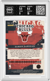DeMar DeRozan from the 2021-22 Panini Court Kings set featuring a Sapphire parallel graded by Arena Club and given an overall grade of 9.