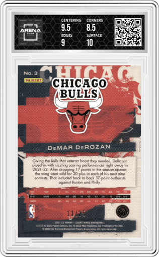 DeMar DeRozan from the 2021-22 Panini Court Kings set featuring a Sapphire parallel graded by Arena Club and given an overall grade of 9.