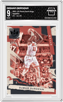 DeMar DeRozan from the 2021-22 Panini Court Kings set featuring a Sapphire parallel graded by Arena Club and given an overall grade of 9.