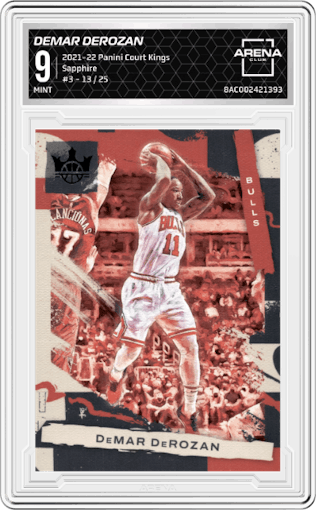DeMar DeRozan from the 2021-22 Panini Court Kings set featuring a Sapphire parallel graded by Arena Club and given an overall grade of 9.