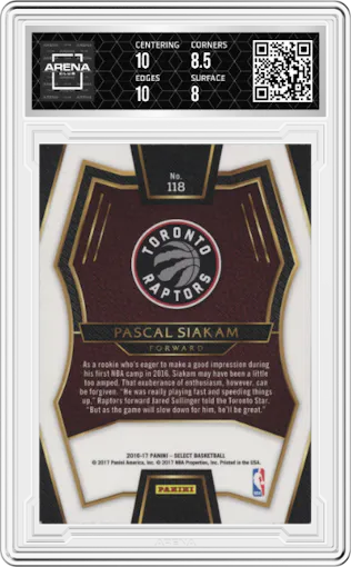 Pascal Siakam from the 2016-17 Panini Select set graded by Arena Club and given an overall grade of 8.5.