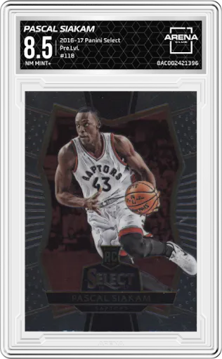 Pascal Siakam from the 2016-17 Panini Select set graded by Arena Club and given an overall grade of 8.5.