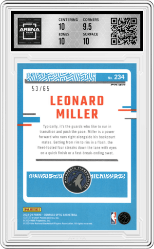 Leonard Miller  from the 2023-24 Donruss Optic set featuring a Green International parallel graded by Arena Club and given an overall grade of 10.