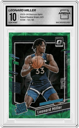 Leonard Miller  from the 2023-24 Donruss Optic set featuring a Green International parallel graded by Arena Club and given an overall grade of 10.
