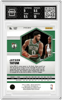 Jayson Tatum from the 2020-21 Panini Mosaic set featuring a Green Mosaic parallel graded by Arena Club and given an overall grade of 9.5.