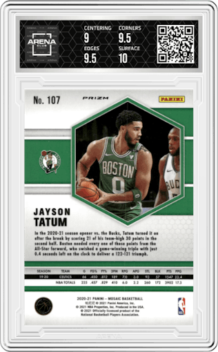 Jayson Tatum from the 2020-21 Panini Mosaic set featuring a Green Mosaic parallel graded by Arena Club and given an overall grade of 9.5.