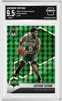 Jayson Tatum from the 2020-21 Panini Mosaic set featuring a Green Mosaic parallel graded by Arena Club and given an overall grade of 9.5.