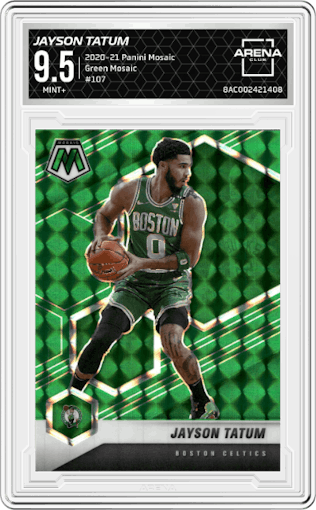 Jayson Tatum from the 2020-21 Panini Mosaic set featuring a Green Mosaic parallel graded by Arena Club and given an overall grade of 9.5.