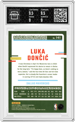 Luka Doncic from the 2023-24 Panini Donruss set featuring a Green Holo Laser parallel graded by Arena Club and given an overall grade of 9.5.