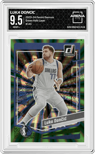 Luka Doncic from the 2023-24 Panini Donruss set featuring a Green Holo Laser parallel graded by Arena Club and given an overall grade of 9.5.