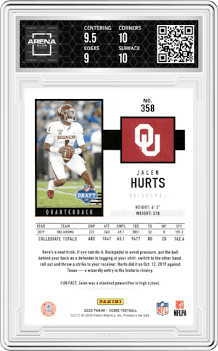 Jalen Hurts from the 2020 Panini Score set graded by Arena Club and given an overall grade of 9.5.