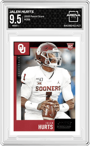 Jalen Hurts from the 2020 Panini Score set graded by Arena Club and given an overall grade of 9.5.