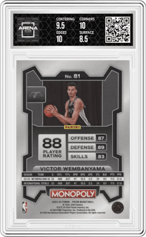 Victor Wembanyama from the 2023-24 Panini Prizm Monopoly set graded by Arena Club and given an overall grade of 9.