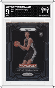 Victor Wembanyama from the 2023-24 Panini Prizm Monopoly set graded by Arena Club and given an overall grade of 9.