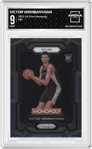Victor Wembanyama from the 2023-24 Panini Prizm Monopoly set graded by Arena Club and given an overall grade of 9.