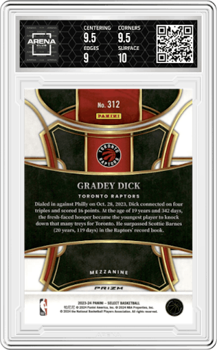 Gradey Dick from the 2023-24 Panini Select  set featuring a Orange Tectonic parallel graded by Arena Club and given an overall grade of 9.5.