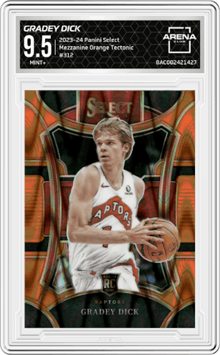 Gradey Dick from the 2023-24 Panini Select  set featuring a Orange Tectonic parallel graded by Arena Club and given an overall grade of 9.5.