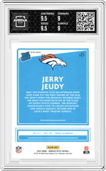 Jerry Jeudy from the 2020 Panini Donruss Optic set featuring a Holo parallel graded by Arena Club and given an overall grade of 9.5.