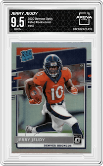 Jerry Jeudy from the 2020 Panini Donruss Optic set featuring a Holo parallel graded by Arena Club and given an overall grade of 9.5.