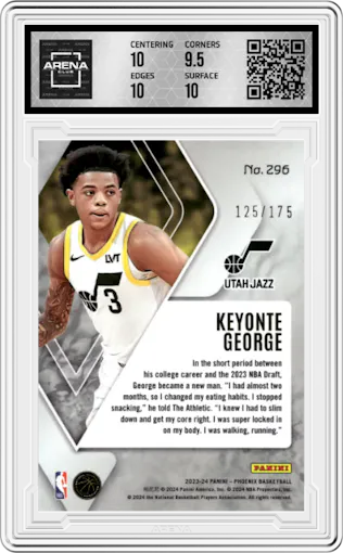 Keyonte George from the 2023-24 Panini Phoenix set featuring a Pink parallel graded by Arena Club and given an overall grade of 10.