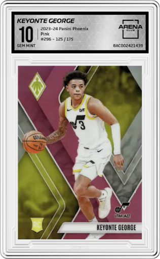 Keyonte George from the 2023-24 Panini Phoenix set featuring a Pink parallel graded by Arena Club and given an overall grade of 10.