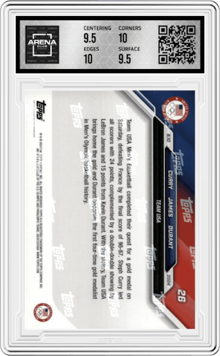 Stephen Curry/LeBron James/Kevin Durant from the 2024 Topps Now Olympics set graded by Arena Club and given an overall grade of 10.