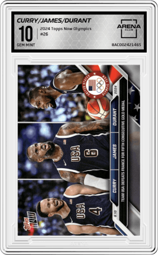 Stephen Curry/LeBron James/Kevin Durant from the 2024 Topps Now Olympics set graded by Arena Club and given an overall grade of 10.