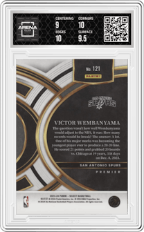 Victor Wembanyama from the 2023-24 Panini Select  set featuring a Blue Retail parallel graded by Arena Club and given an overall grade of 9.5.