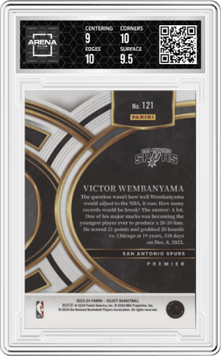 Victor Wembanyama from the 2023-24 Panini Select  set featuring a Blue Retail parallel graded by Arena Club and given an overall grade of 9.5.