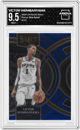 Victor Wembanyama from the 2023-24 Panini Select  set featuring a Blue Retail parallel graded by Arena Club and given an overall grade of 9.5.