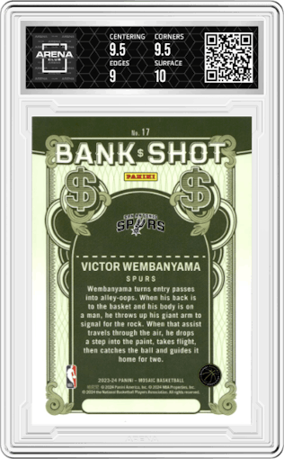 Victor Wembanyama from the 2023-24 Panini Mosaic set graded by Arena Club and given an overall grade of 9.5.