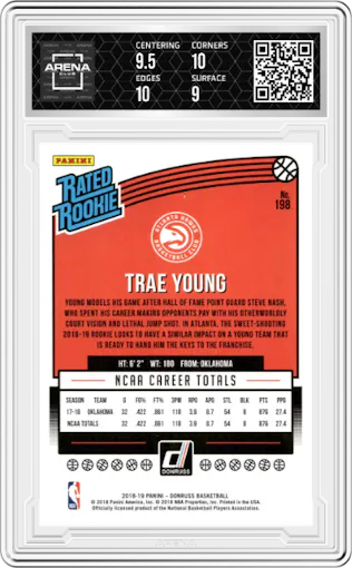 Trae Young from the 2018-19 Panini Donruss  set graded by Arena Club and given an overall grade of 9.5.
