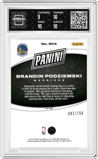 Brandin Podziemski from the 2024 Panini Black Friday set featuring a Holo parallel graded by Arena Club and given an overall grade of 9.5.