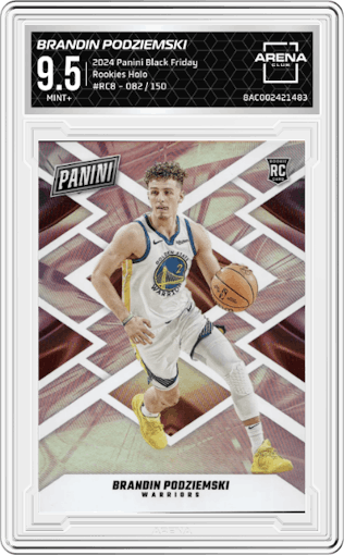 Brandin Podziemski from the 2024 Panini Black Friday set featuring a Holo parallel graded by Arena Club and given an overall grade of 9.5.