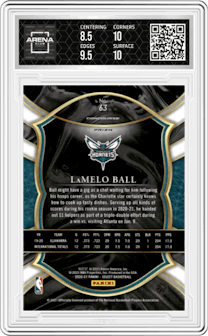 LaMelo Ball from the 2020-21 Panini Select  set featuring a Blue Prizm parallel graded by Arena Club and given an overall grade of 9.