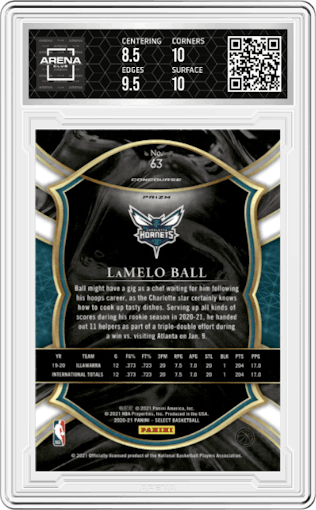 LaMelo Ball from the 2020-21 Panini Select  set featuring a Blue Prizm parallel graded by Arena Club and given an overall grade of 9.
