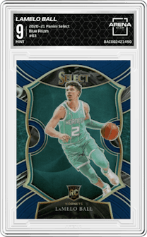 LaMelo Ball from the 2020-21 Panini Select  set featuring a Blue Prizm parallel graded by Arena Club and given an overall grade of 9.