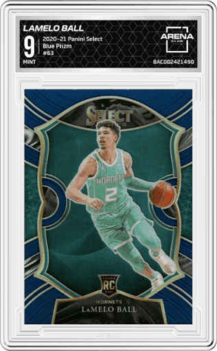 LaMelo Ball from the 2020-21 Panini Select  set featuring a Blue Prizm parallel graded by Arena Club and given an overall grade of 9.