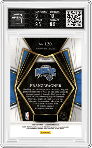 Franz Wagner from the 2021-22 Panini Select set featuring a Red Wave parallel graded by Arena Club and given an overall grade of 9.5.